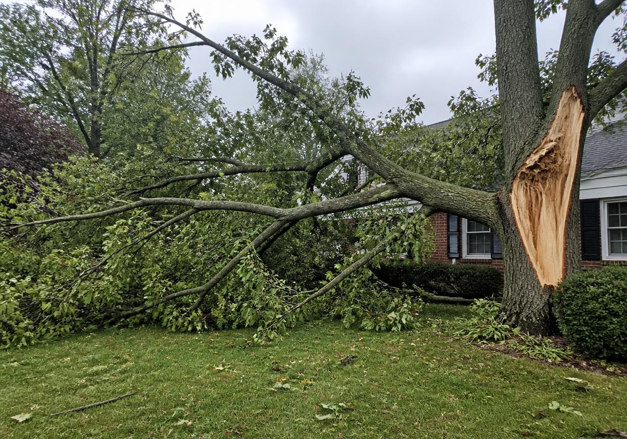 Storm-damaged tree with a fallen branch in a residential Fort Wayne yard