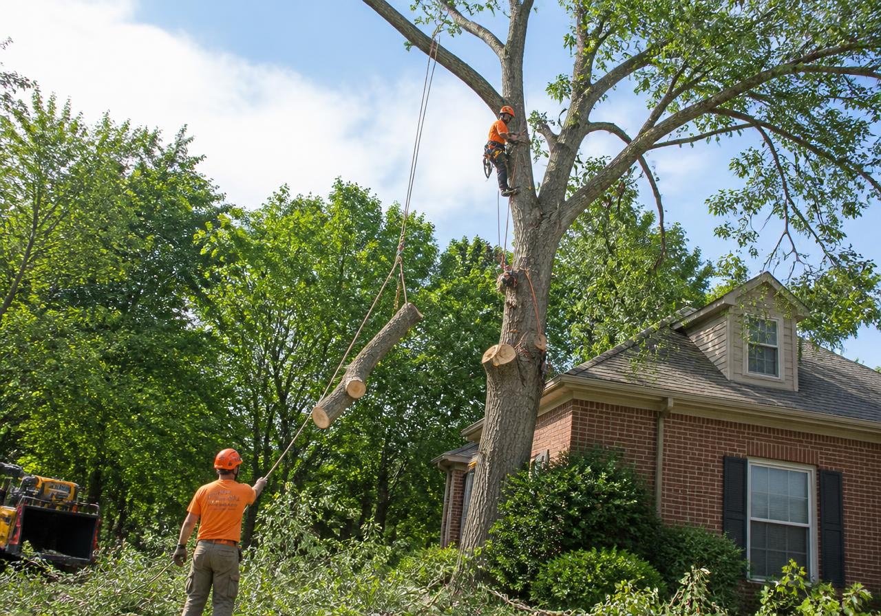 Professional tree crew safely removing a large tree near a residential home in Fort Wayne, Indiana