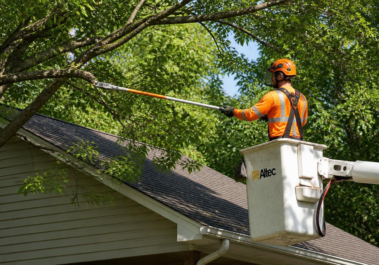 Tree trimming professional pruning branches away from a residential roof